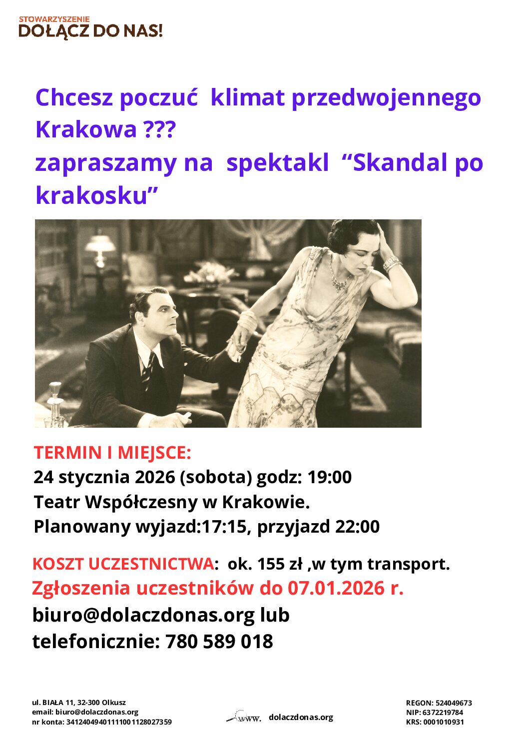 Zapraszamy na wyjątkowy wyjazd do Krakowa na spektakl „Skandal po krakosku”